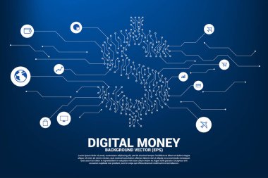 Nokta bağlantı hattı devre kartı tarzı vektör para dolar simgesi. Finansal ağ bağlantısı kavramı.