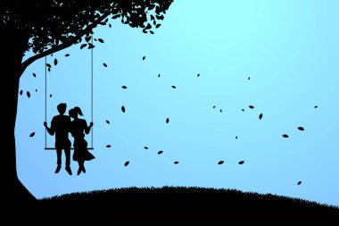 Sevgili çift büyük ağacın altında romantik sahnede salıncak birlikte oturarak . sevgililer günü ve aşk ve yıldönümü teması.