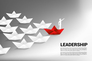 işadamı silueti ileri kırmızı origami kağıt uçak beyaz grup lider işaret. Liderlik ve vizyon misyonu İş Kavramı.