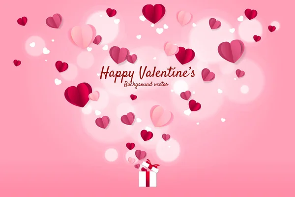 Arte de papel corazón volando desde concepto de fondo de caja de regalo. Día de San Valentín y el amor banner tema y cartel — Archivo Imágenes Vectoriales