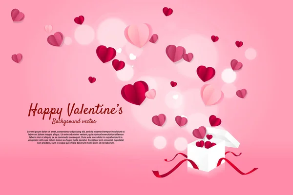 Heart paper art flying from gift box background concept. valentine's day and love theme banner and poster — Stock Vector