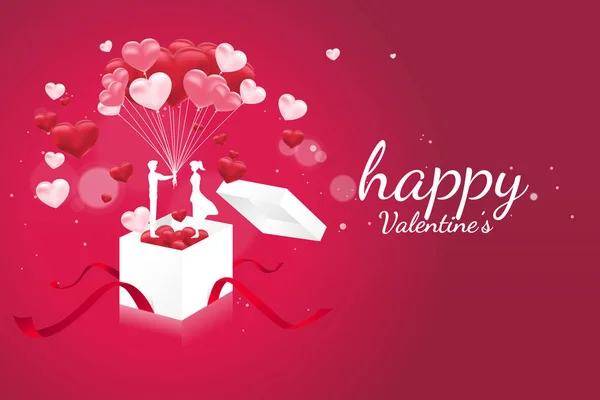 Man geven hart vorm ballon naar vrouw in geschenk doos. kaart voor Valentijnsdag concept. minnaar paar liefde en verjaardag thema. — Stockvector