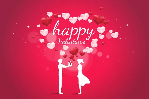 Man give gift box to girlfriend with flying heart. card for valentine's day concept. lover couple love and anniversary theme. — Stock Vector