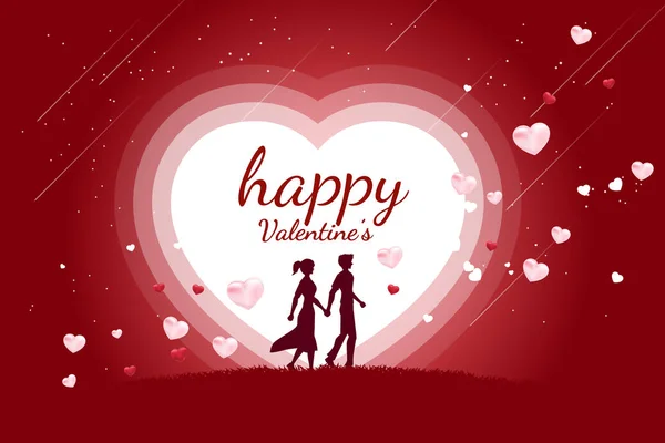 Lover couple holding hand walking with flying heart background. valentine's day and love and anniversary theme. — Stock Vector