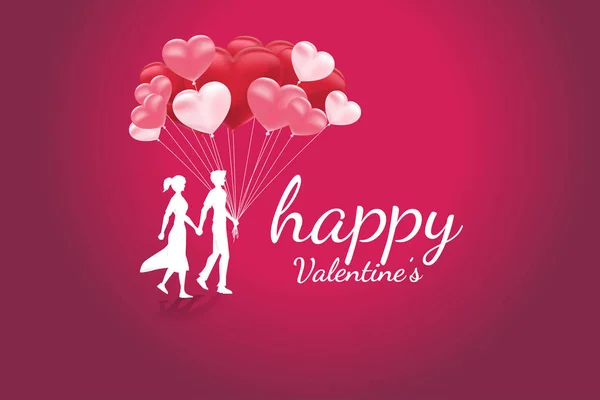 Amante pareja sosteniendo la mano caminando con el fondo del corazón del globo. Día de San Valentín y el amor y el tema del aniversario . — Vector de stock