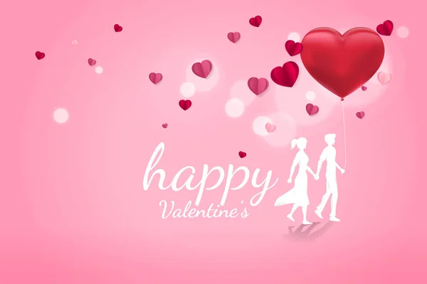 Amante pareja sosteniendo la mano caminando con el fondo del corazón del globo. Día de San Valentín y el amor y el tema del aniversario . — Archivo Imágenes Vectoriales