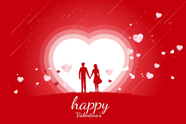 Amante pareja cogida de la mano con el fondo del corazón volador. Día de San Valentín y el amor y el tema del aniversario . — Vector de stock
