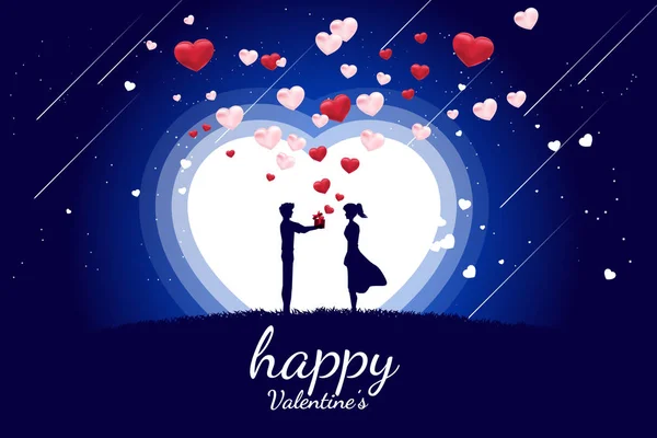 Man give gift box to girlfriend with flying heart. card for valentine's day concept. lover couple love and anniversary theme. — Stock Vector