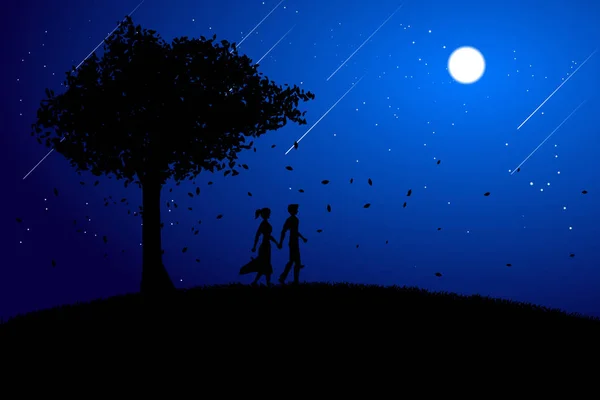 Couple amoureux de la silhouette tenant la main marchant sous un grand fond d'arbre. Saint Valentin et thème amour et anniversaire . — Image vectorielle