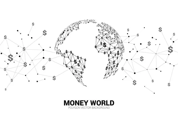A linha do polígono do vetor conecta o dinheiro da moeda do dólar forma o globo mundial. Conceito para o mundo da economia . — Vetor de Stock