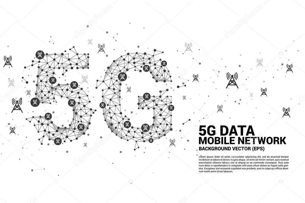 Vector Polygon dot connect line shaped 5G mobile network with antenna tower icon. Concept for telecom technology.