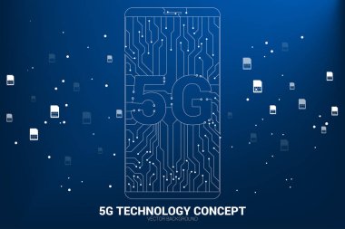 Vektör 5g nokta bağlantı hattı devre kartı tarzı cep telefonu simgesi. Mobil veri ağının veri aktarımı için konsept.