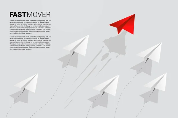 Avião de papel origami vermelho é mover-se mais rápido do que o grupo de branco. Conceito de negócio de pista rápida para movimentação e marketing —  Vetores de Stock