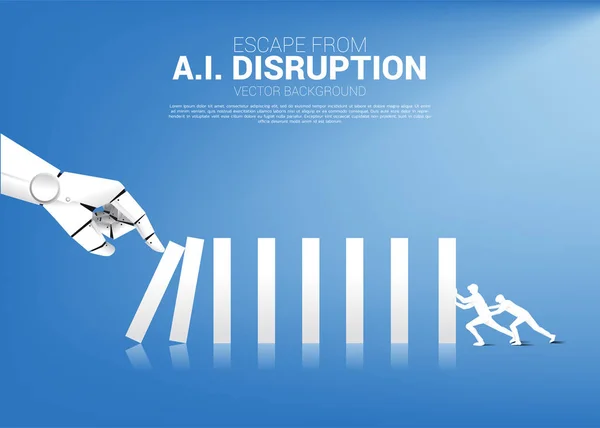 Podnikatel Zatlač na Domino, aby bojoval s rukou robota. obchodní koncept narušení A.I., aby se dominový efekt. — Stockový vektor