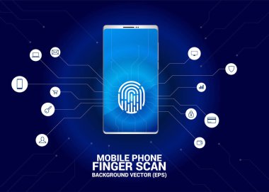 Cep telefonu ekranında parmak tarama erişim simgesi. Ağda güvenlik ve gizlilik teknolojisi için arka plan konsepti