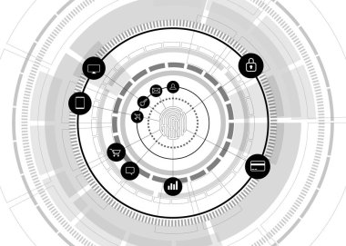 fütüristik tekerlek üzerinde fonksiyonel simgesi ile vektör thumbprint simgesi. parmak tarası teknolojisi ve gizlilik erişimi için bilimkurgu arka plan konsepti.
