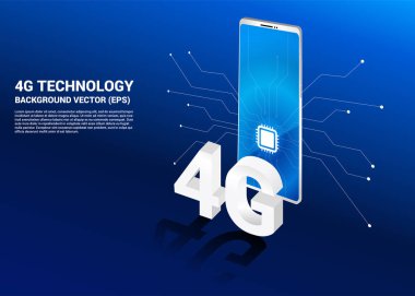 Cpu simgesi ile 3d isometrik 4g ve cep telefonu. Cep telefonu teknolojisi ve telekomünikasyon konsepti.
