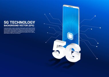 Cpu simgesi ile 3d isometrik 5g ve cep telefonu. Cep telefonu teknolojisi ve telekomünikasyon konsepti.
