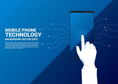 cep telefonu ekranında İşadamı el dokunmatik parmak kadar yakın. Mobil cihaz teknolojisinde iş için arka plan konsepti