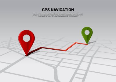 Route between 3D location pin markers on city road map. Concept for GPS navigation system infographic. clipart