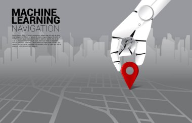 yol haritasında robot yer yeri pin işaretleyici yakın el. a.i. öğrenme makinesi ve navigasyon sistemi kavramı.