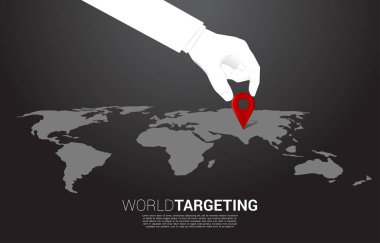 dünya haritası önünde iş adamı yer yeri pin işareti yakın el. a.i. öğrenme makinesi ve navigasyon sistemi kavramı.