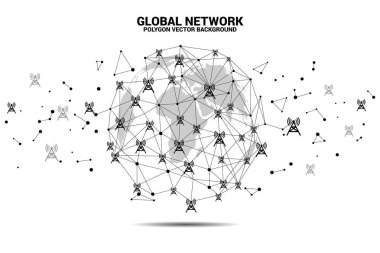 Vektör Polygon nokta dünya haritası dünya çapında anten kulesi simgesi ile hat bağlayın. Cep telefonu veri sim kart teknolojisi için kavram.