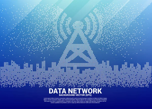 Vektor antenna torony ikonja a város pixel átalakítási stílust. Koncepció a mobil-és Wi-Fi adathálózat adatátvitelhez. Vektor antenna torony ikon a város pixel átalakítani stílusban. Az adatokra vonatkozó koncepció — Stock Vector