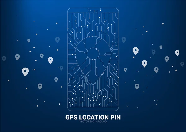 Location Pin mark icon shaped mobile phone with circuit line graphic, concept of location and facility place , GPS technology — Stock Vector