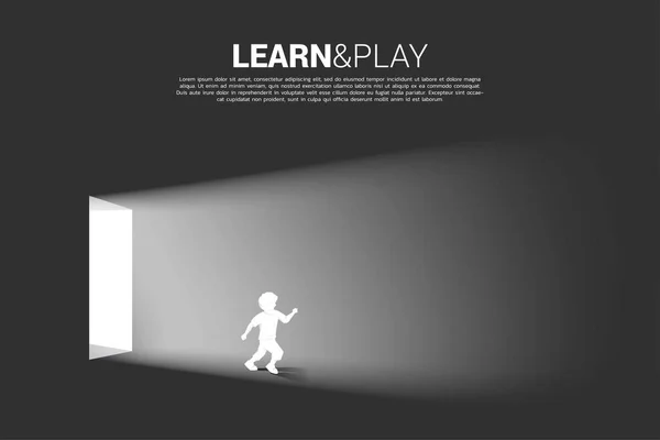 Silhouette of boy running from the door with the light. Concept of education solution. — Stock Vector