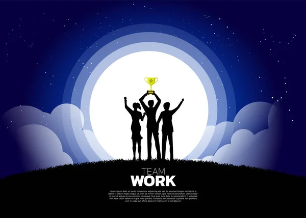 Silhouette of businessman and businesswoman with trophy. business concept of teamwork and championship.