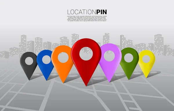 Marcador de pin de ubicación 3D en la hoja de ruta de la ciudad con el fondo del edificio. Concepto para la infografía del sistema de navegación GPS — Archivo Imágenes Vectoriales
