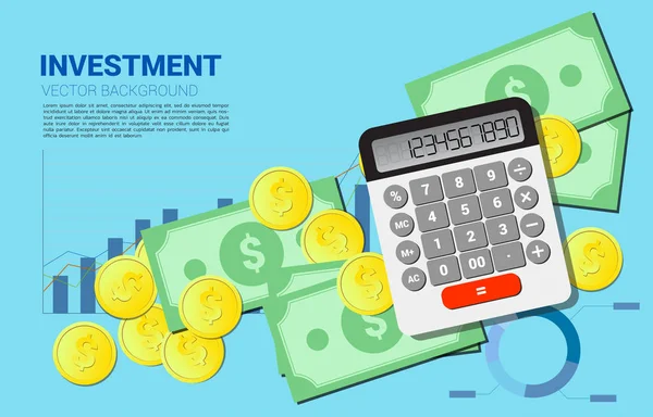 Sikke ve banka notu üst görünümü yığını ile Vektör Hesap makinesi. İş bilgisi yatırım ve muhasebe kavramı