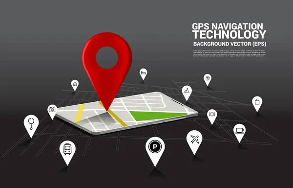 3D-GPS-Pin-Marker und Karte in Mobiltelefon-Anwendung. Standort- und Einrichtungskonzept, GPS-Technologie — Stockvektor