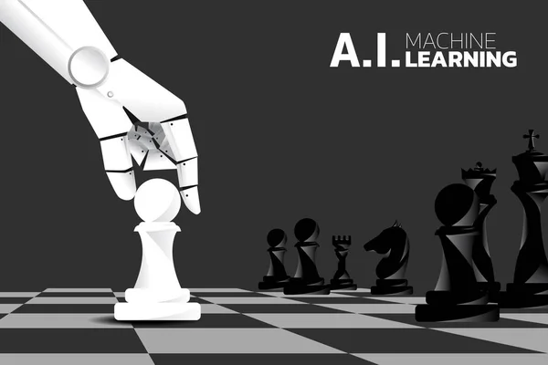 Robotí ruka hraje šachovou figuru na palubě. Podnikatelský koncept pro výuku strojů, a. i umělá inteligence a poruchy — Stockový vektor
