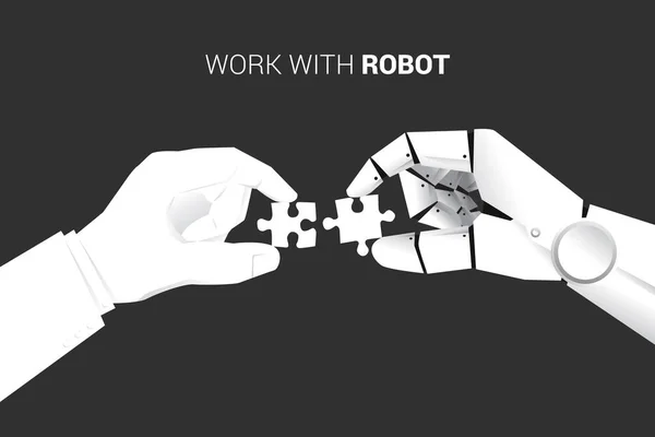 クローズアップビジネスマンとロボットの手は一緒に収まるようにジグソーパズルのピースを置きます。ソリューションのビジネスコンセプトと機械学習の操作。人工知能管理. — ストックベクタ