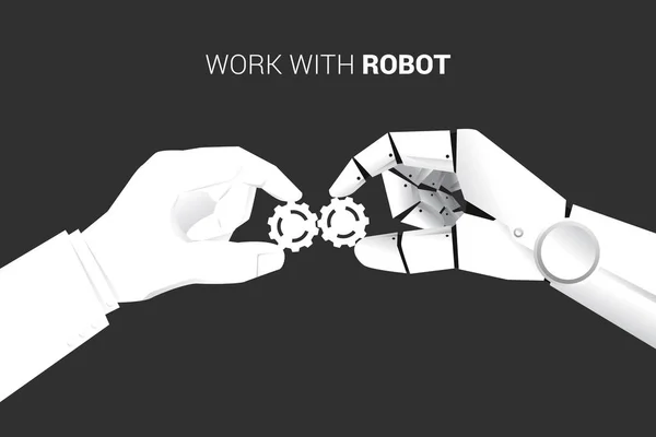 ビジネスマンとロボットの手を閉じて一緒に合うようにギアを入れて。ソリューションのビジネスコンセプトと機械学習の操作。人工知能管理. — ストックベクタ