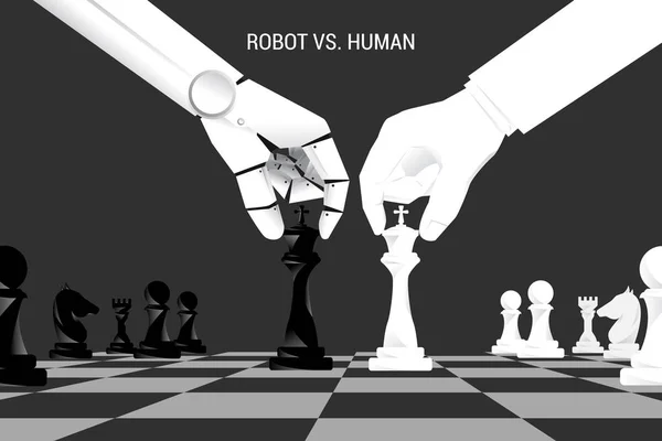 ロボットと人間の手は、ボード上のチェスを移動します。機械学習と人工知能のビジネスコンセプト. — ストックベクタ