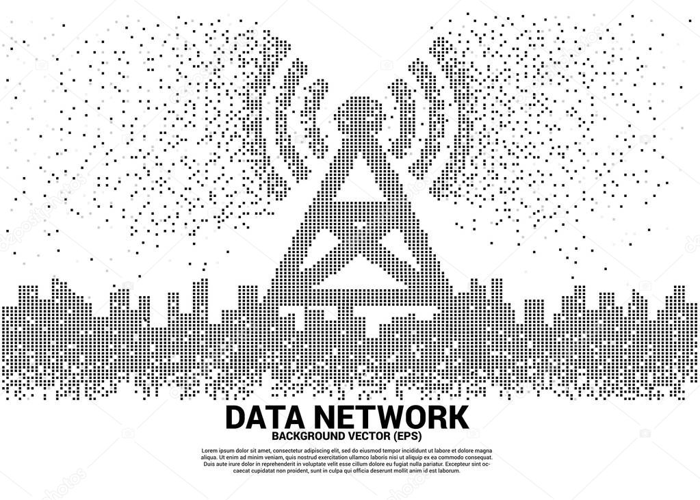 Vector antenna tower icon in the city pixel transform style. Concept for data transfer of mobile and wi-fi data network.