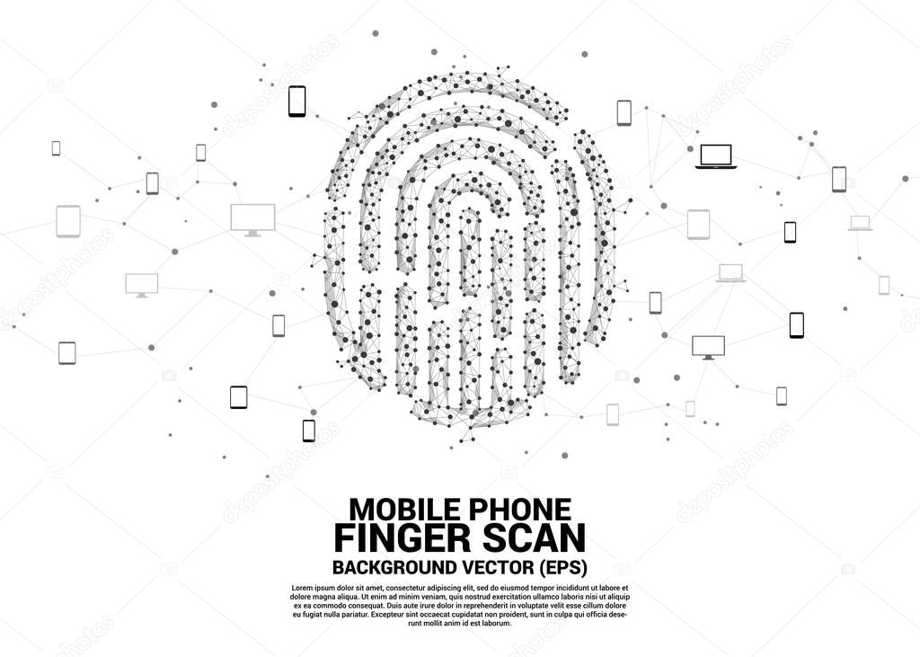 vector thumbprint icon from dot connect line polygon with multiple communication device. background concept for finger scan technology and privacy access.