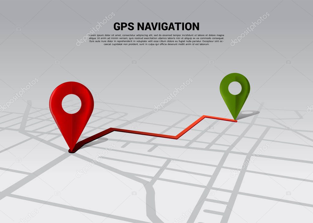 Route between 3D location pin markers on city road map. Concept for GPS navigation system infographic.