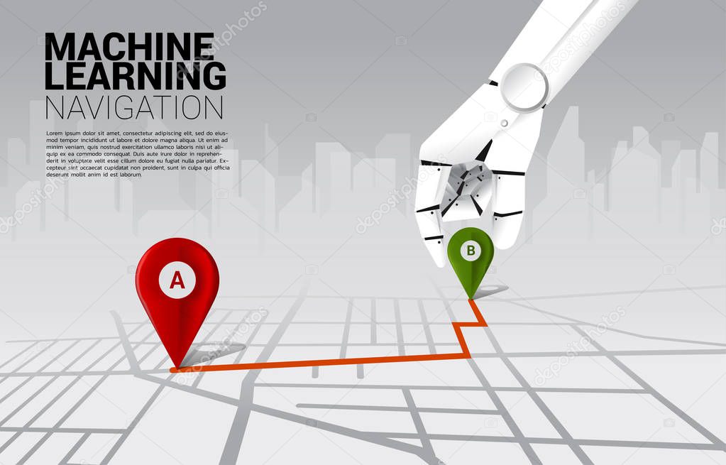 close up hand of robot place location pin marker on direction route on road map. concept of a.i. learning machine and navigation system.