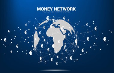 Para ile Dünya Küresi Euro para birimi simgesi çokgen bağlantılı çizgi. Finansal ağ bağlantısı kavramı.