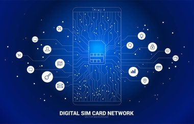 Vektör Polygon nokta fonksiyonel simgesi ile cep telefonu devre kartı tarzında çizgi şeklinde sim kart simgesi bağlayın. Mobil sim kart teknolojisi ve ağ için konsept.