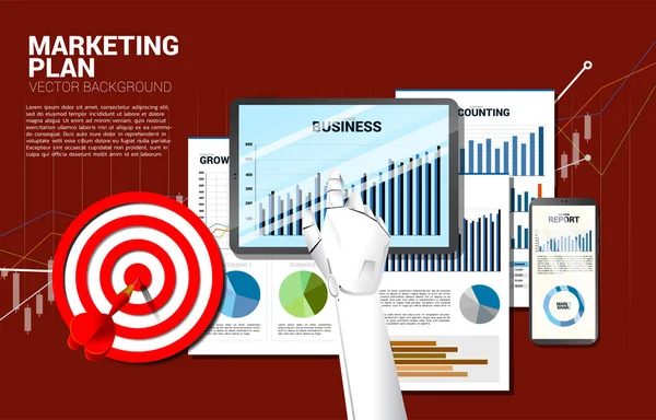 Arriba ver robot mano toque informe de negocios en el teléfono móvil y la tableta con papel y dardo objetivo. Concepto para a.i. en el plan de comercialización y el objetivo previsto — Vector de stock