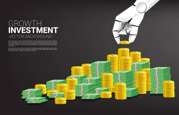 Pile de main robot monnaie et billets de banque argent. Concept machine learning dans l'économie et l'investissement et croissance dans les entreprises — Image vectorielle