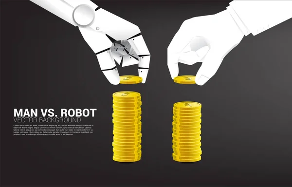ロボットと人間の手はコインを積み重ねます。ビジネスの中断とAI産業の概念 — ストックベクタ