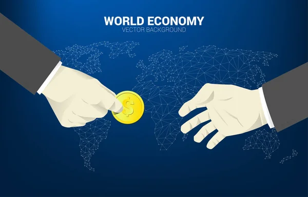 Zakenman hand geven muntgeld aan andere met wereld kaart achtergrond. bedrijfsconcept voor betaling en wereldeconomie — Stockvector