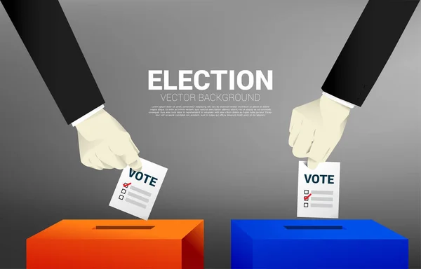 두 사업가 손을 닫아 빨간색과 파란색 선거 상자에 자신의 투표를 넣어. 선거 투표 테마 배경에 대한 개념. — 스톡 벡터