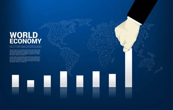 Nahaufnahme Geschäftsmann Hand ziehen Balkendiagramm höher. Hintergrundkonzept für Erfolg und weltweites Wachstum — Stockvektor